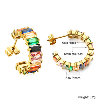 Colorful Rainbow Rectangle Zircon Channel Set C-Hoops 304L Earrings