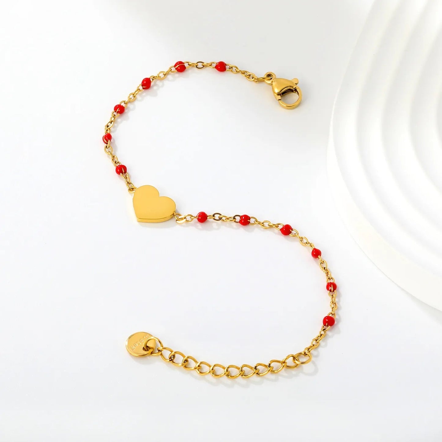 Black Enamel Bead Heart Charm Cable Chain Bracelet in 304L Stainless Steel
