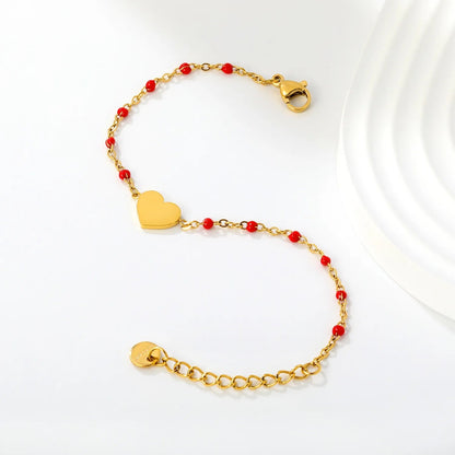 Black Enamel Bead Heart Charm Cable Chain Bracelet in 304L Stainless Steel