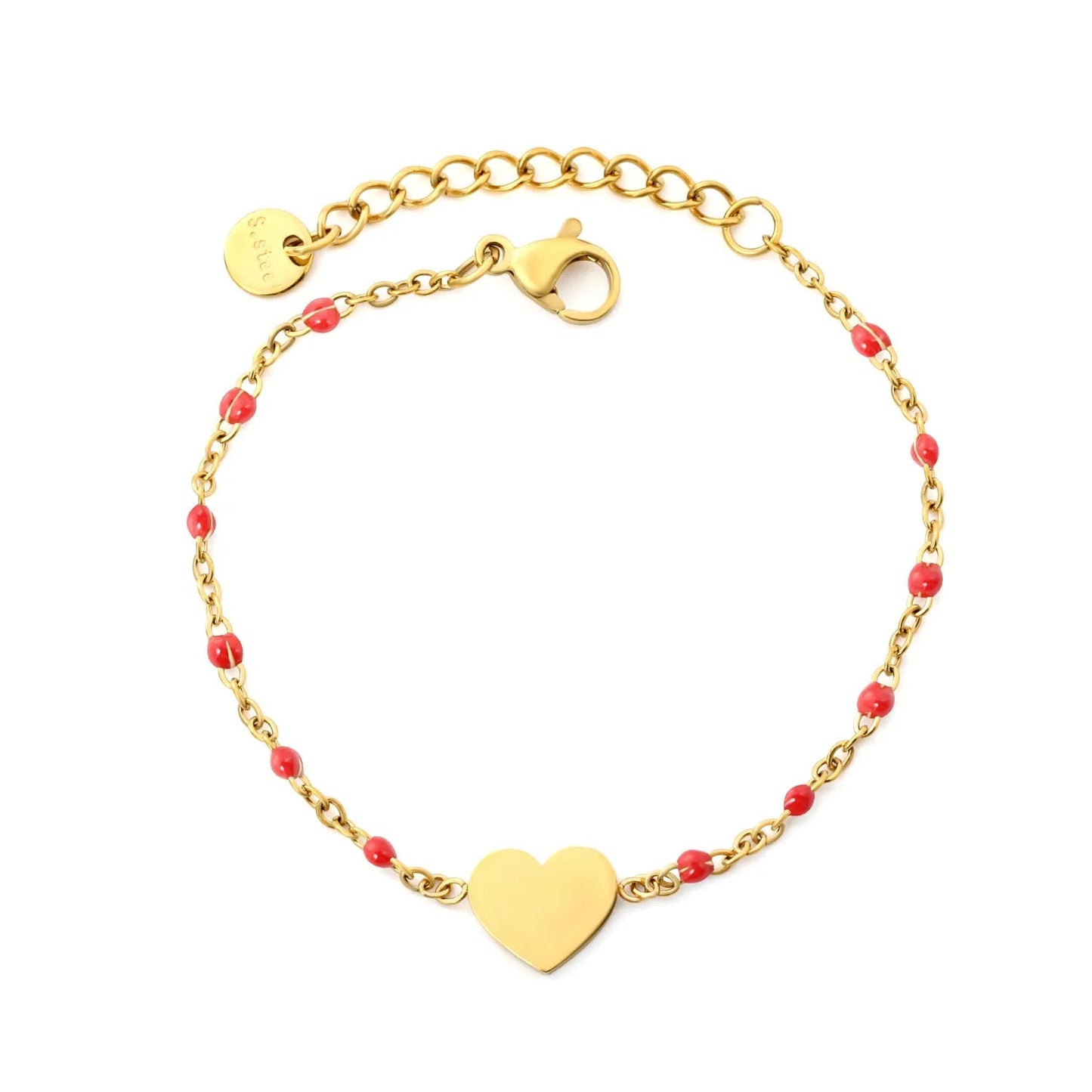 Black Enamel Bead Heart Charm Cable Chain Bracelet in 304L Stainless Steel