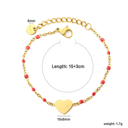 Black Enamel Bead Heart Charm Cable Chain Bracelet in 304L Stainless Steel