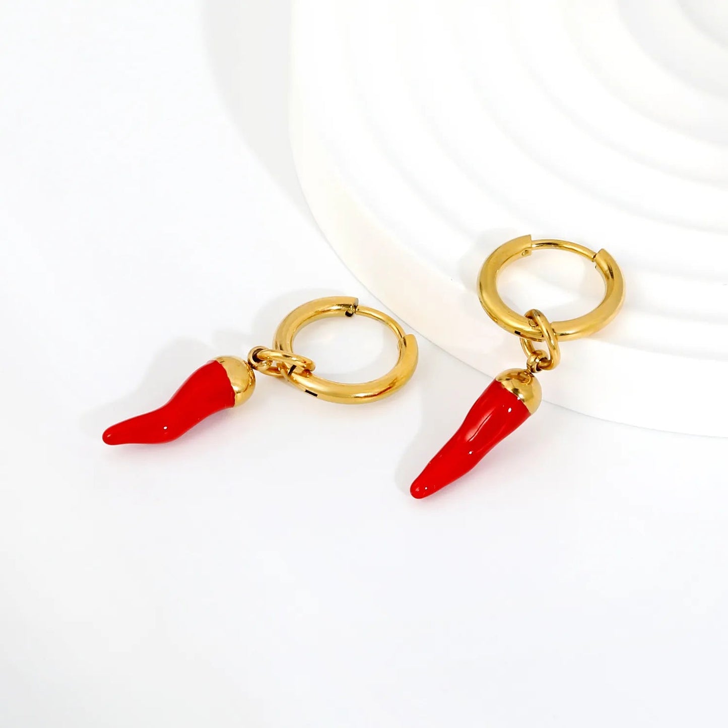 Red Chili Pepper Enamel Drop Hoop Earrings | Spicy Gold 304L