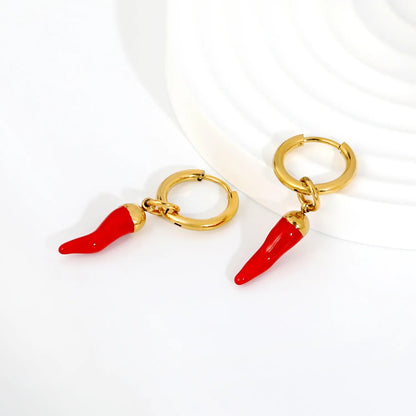 Red Chili Pepper Enamel Drop Hoop Earrings | Spicy Gold 304L