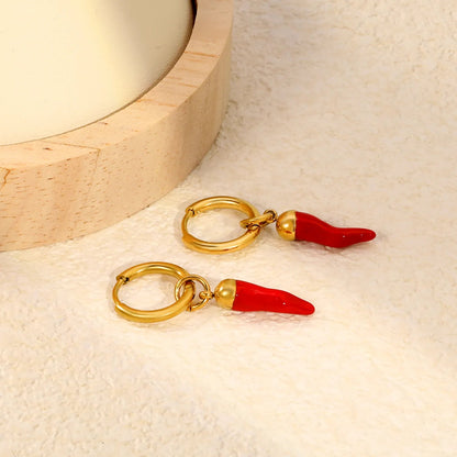 Red Chili Pepper Enamel Drop Hoop Earrings | Spicy Gold 304L