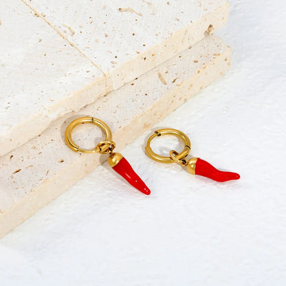 Red Chili Pepper Enamel Drop Hoop Earrings | Spicy Gold 304L