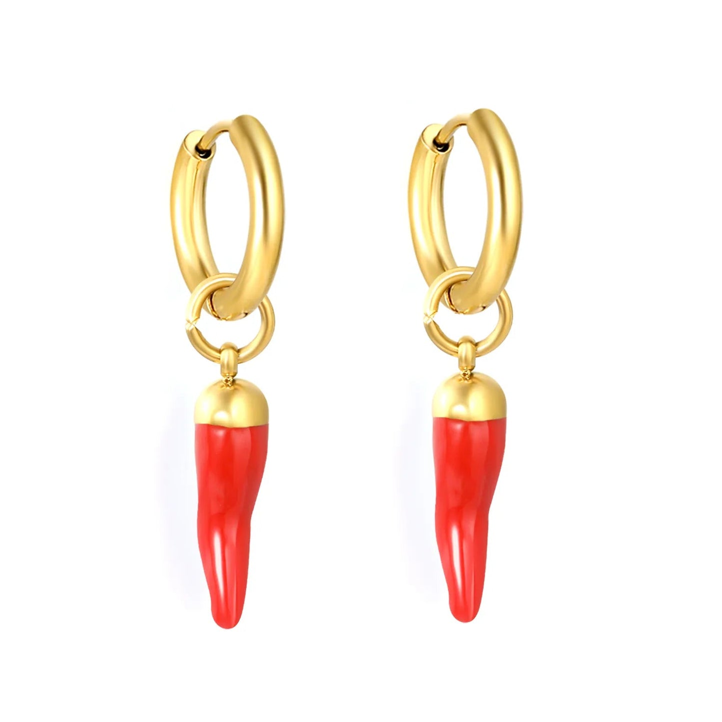 Red Chili Pepper Enamel Drop Hoop Earrings | Spicy Gold 304L