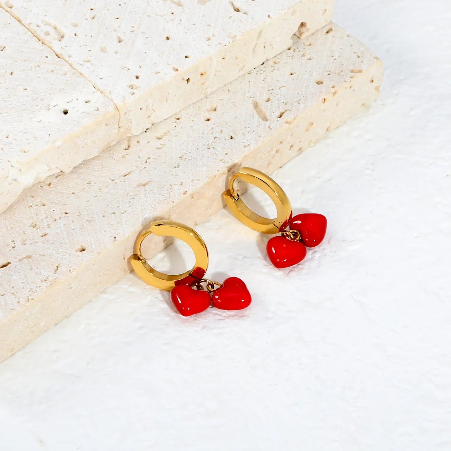 Vibrant Red Enamel Puffy Heart Drop Chunky Wide Hoop Earrings 304L