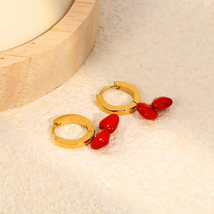 Vibrant Red Enamel Puffy Heart Drop Chunky Wide Hoop Earrings 304L