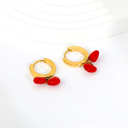 Vibrant Red Enamel Puffy Heart Drop Chunky Wide Hoop Earrings 304L