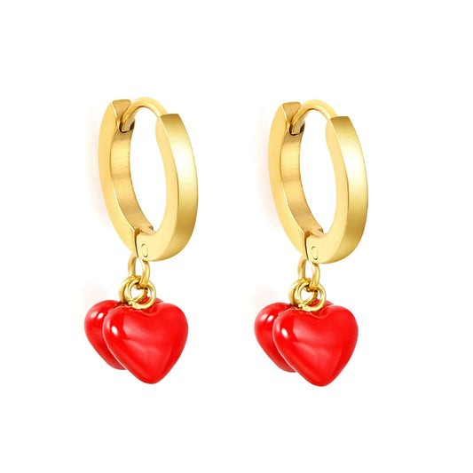 Vibrant Red Enamel Puffy Heart Drop Chunky Wide Hoop Earrings 304L
