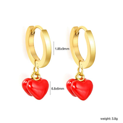 Vibrant Red Enamel Puffy Heart Drop Chunky Wide Hoop Earrings 304L