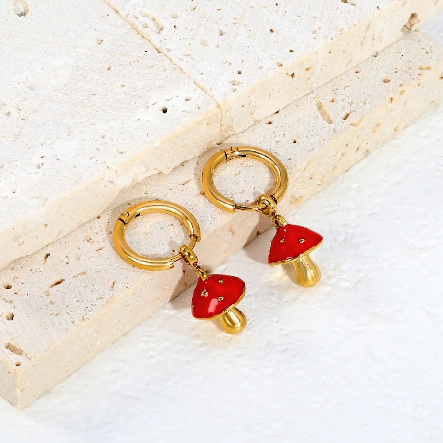 Bulk Buy 304L Steel Glazed Spotted Mushroom Pendant Huggie Earrings Vendor