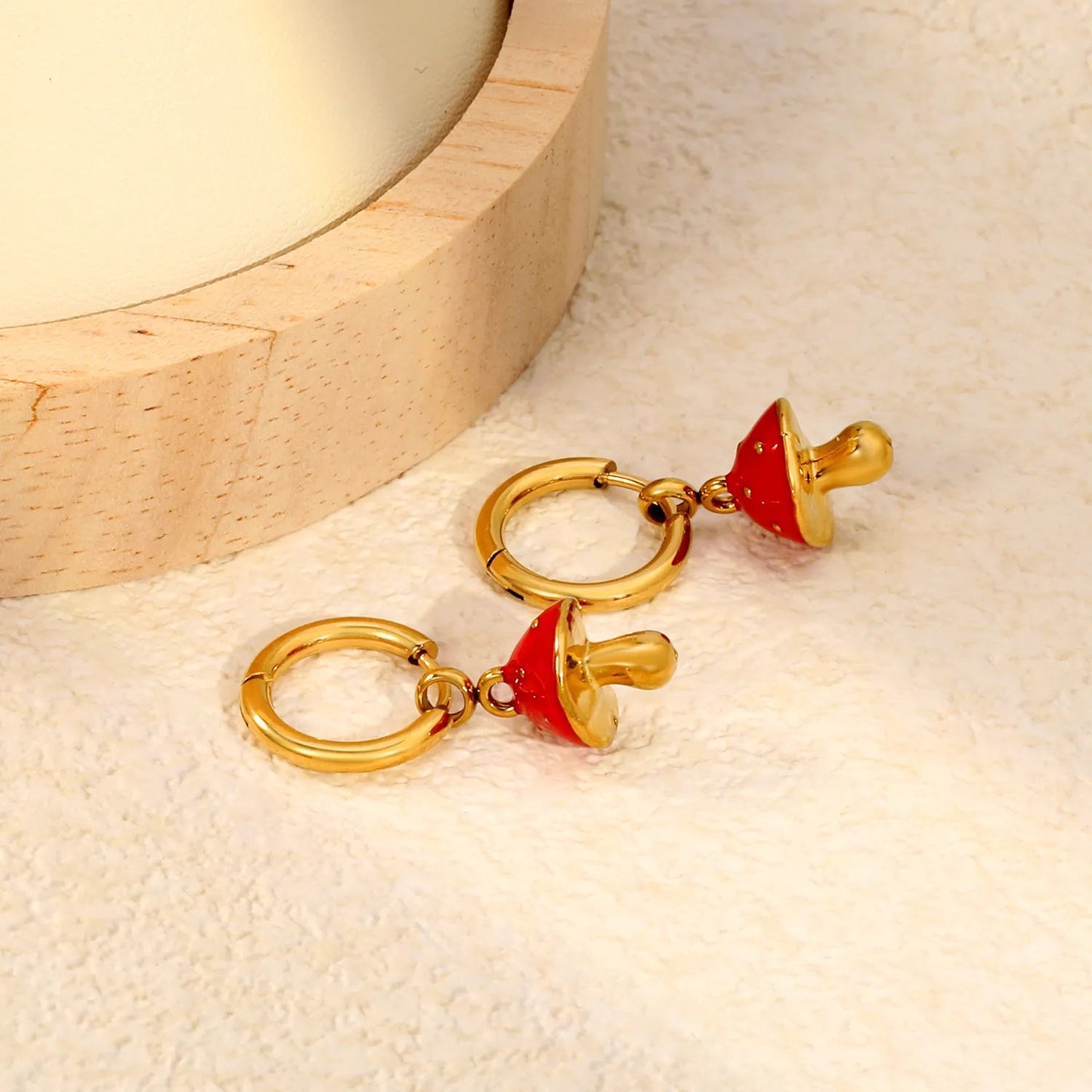 Bulk Buy 304L Steel Glazed Spotted Mushroom Pendant Huggie Earrings Vendor