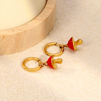 Bulk Buy 304L Steel Glazed Spotted Mushroom Pendant Huggie Earrings Vendor