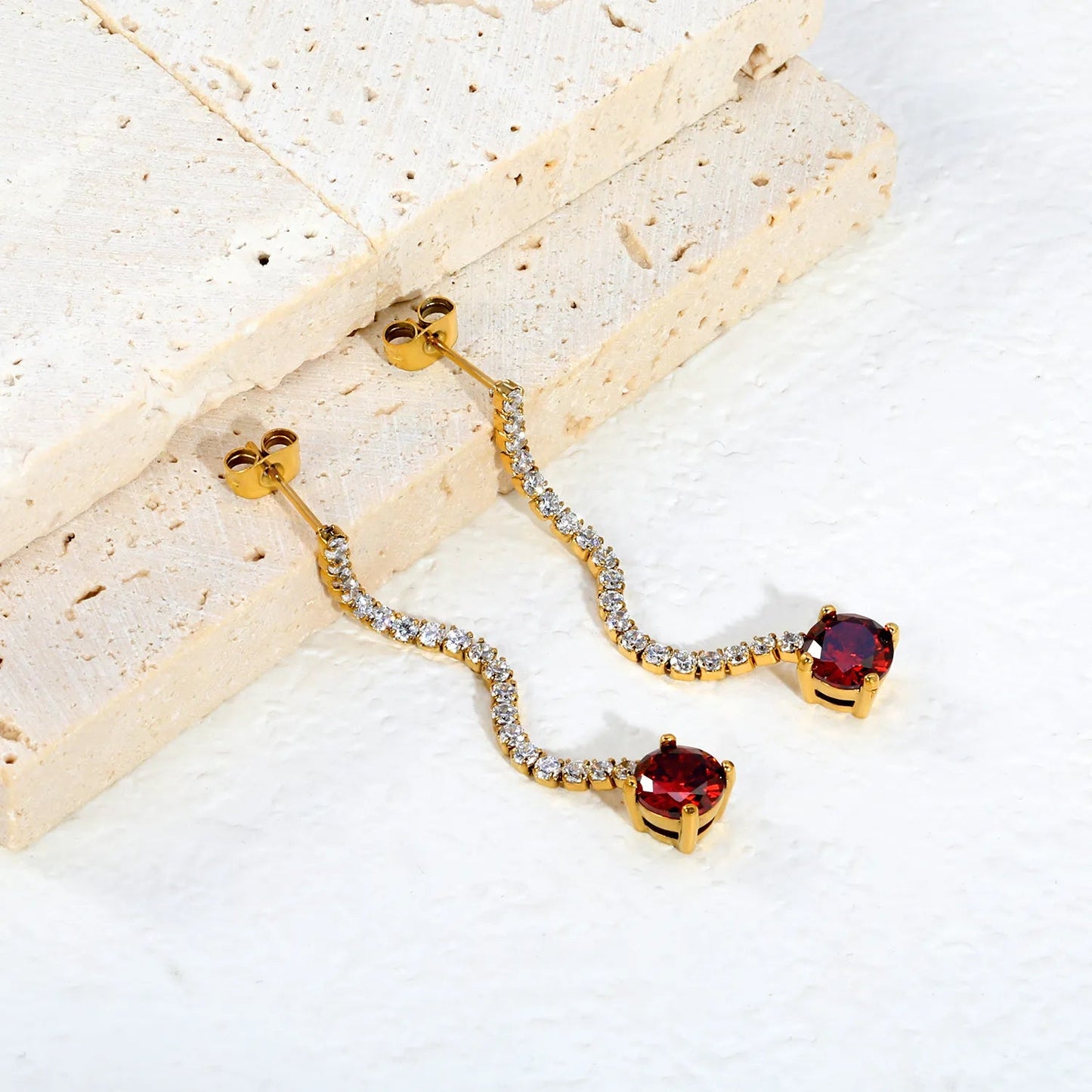 Elegant Statement Sparkling White Tennis Chain Deep Red Drop Earrings