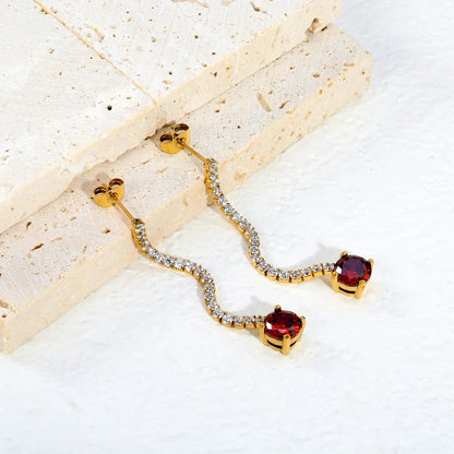 Elegant Statement Sparkling White Tennis Chain Deep Red Drop Earrings