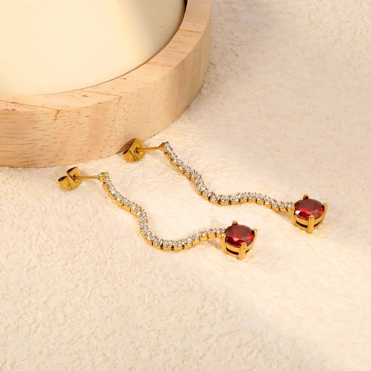 Elegant Statement Sparkling White Tennis Chain Deep Red Drop Earrings