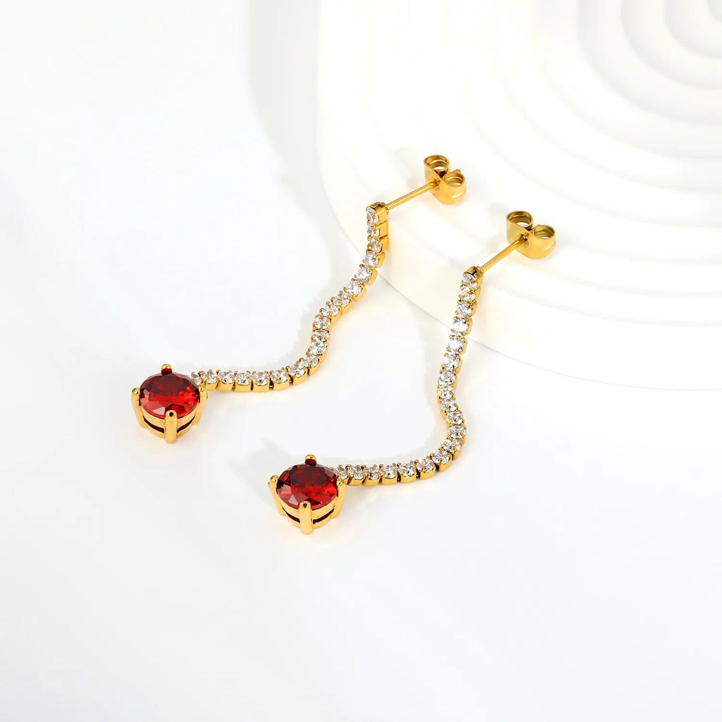 Elegant Statement Sparkling White Tennis Chain Deep Red Drop Earrings
