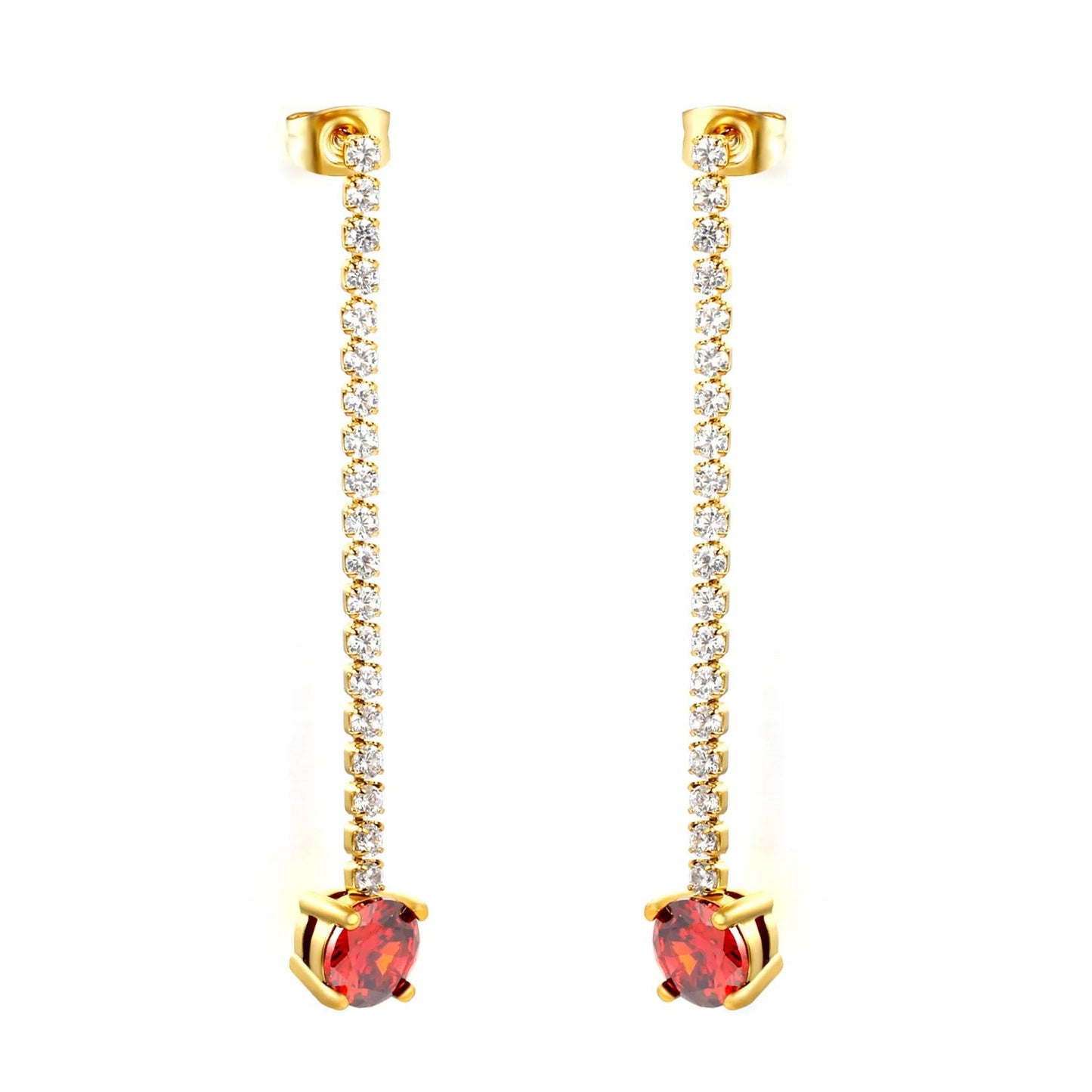 Elegant Statement Sparkling White Tennis Chain Deep Red Drop Earrings