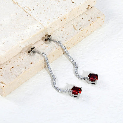 Elegant Statement Sparkling White Tennis Chain Deep Red Drop Earrings
