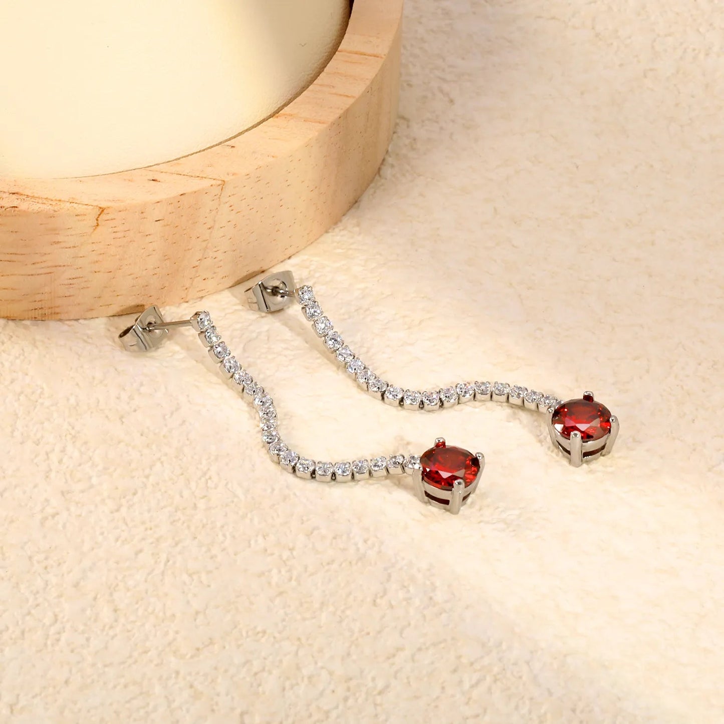Elegant Statement Sparkling White Tennis Chain Deep Red Drop Earrings