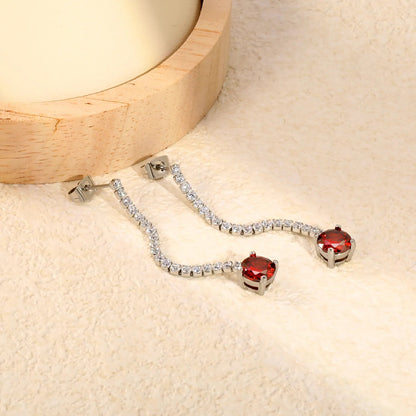 Elegant Statement Sparkling White Tennis Chain Deep Red Drop Earrings
