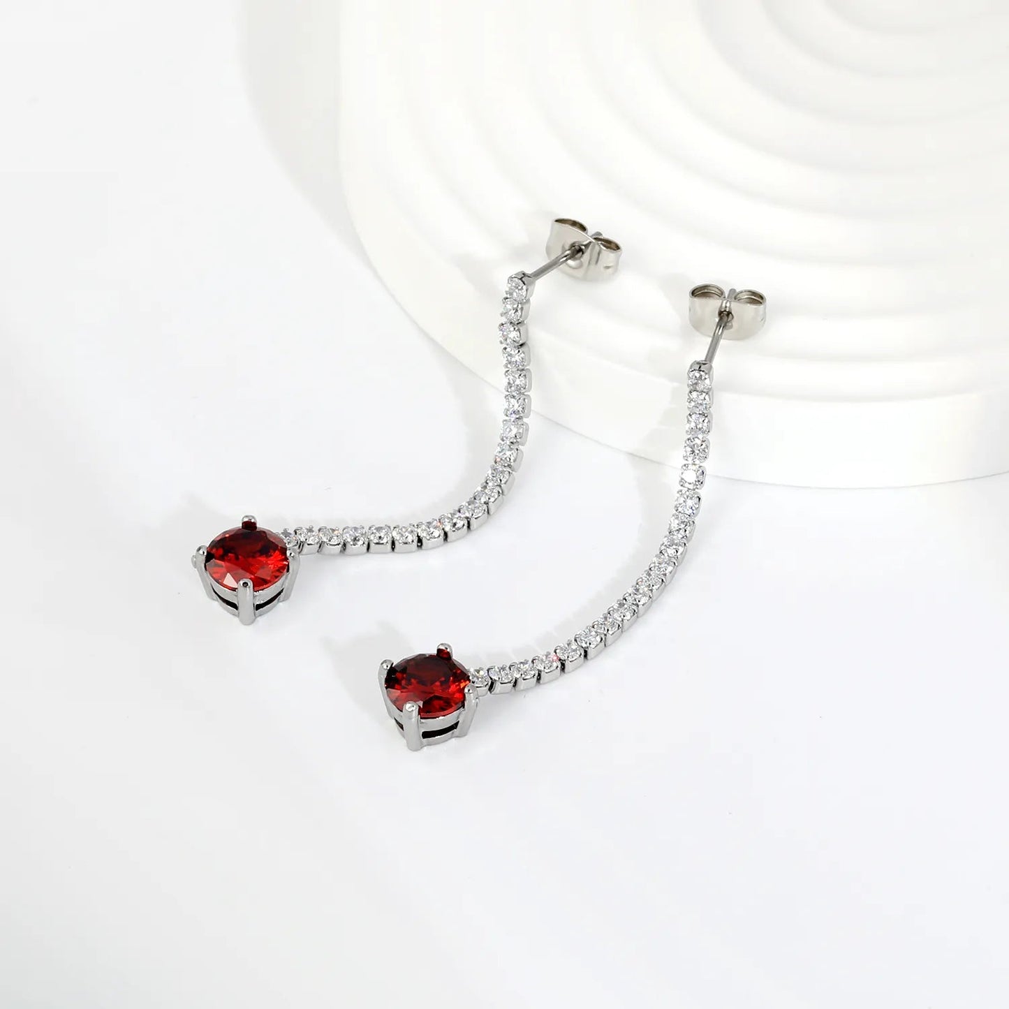 Elegant Statement Sparkling White Tennis Chain Deep Red Drop Earrings