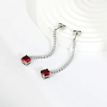 Elegant Statement Sparkling White Tennis Chain Deep Red Drop Earrings