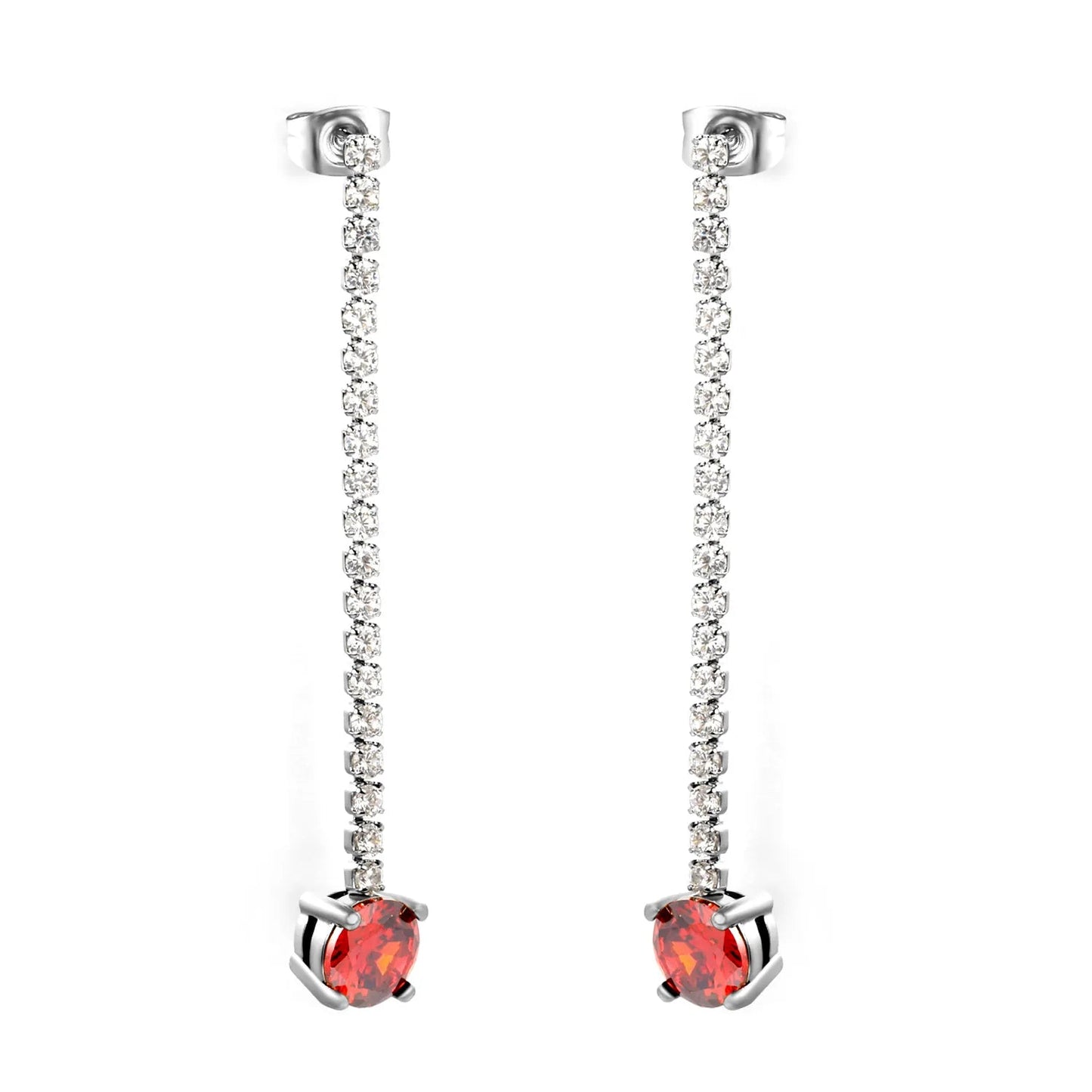 Elegant Statement Sparkling White Tennis Chain Deep Red Drop Earrings