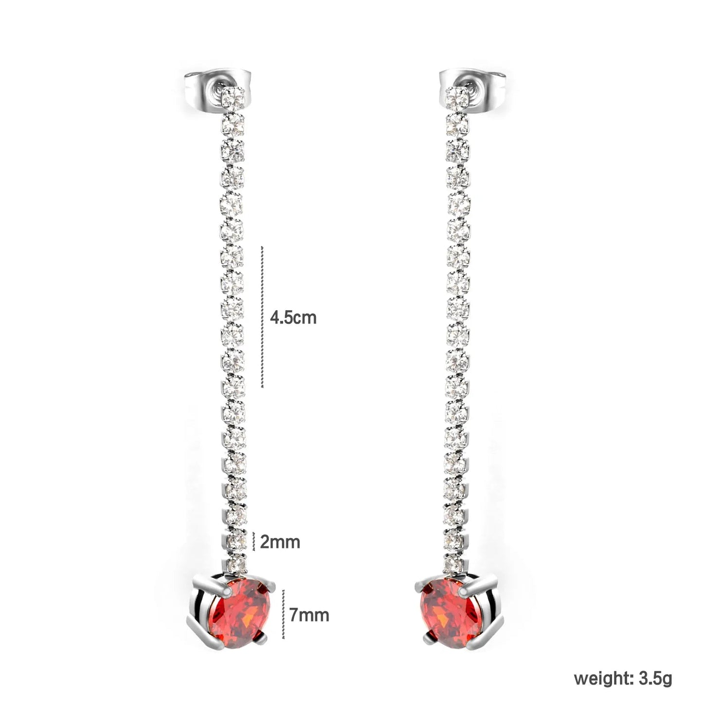 Elegant Statement Sparkling White Tennis Chain Deep Red Drop Earrings