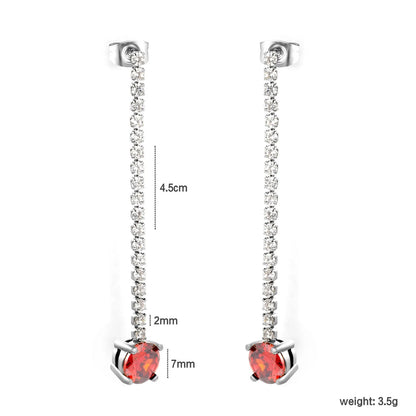 Elegant Statement Sparkling White Tennis Chain Deep Red Drop Earrings
