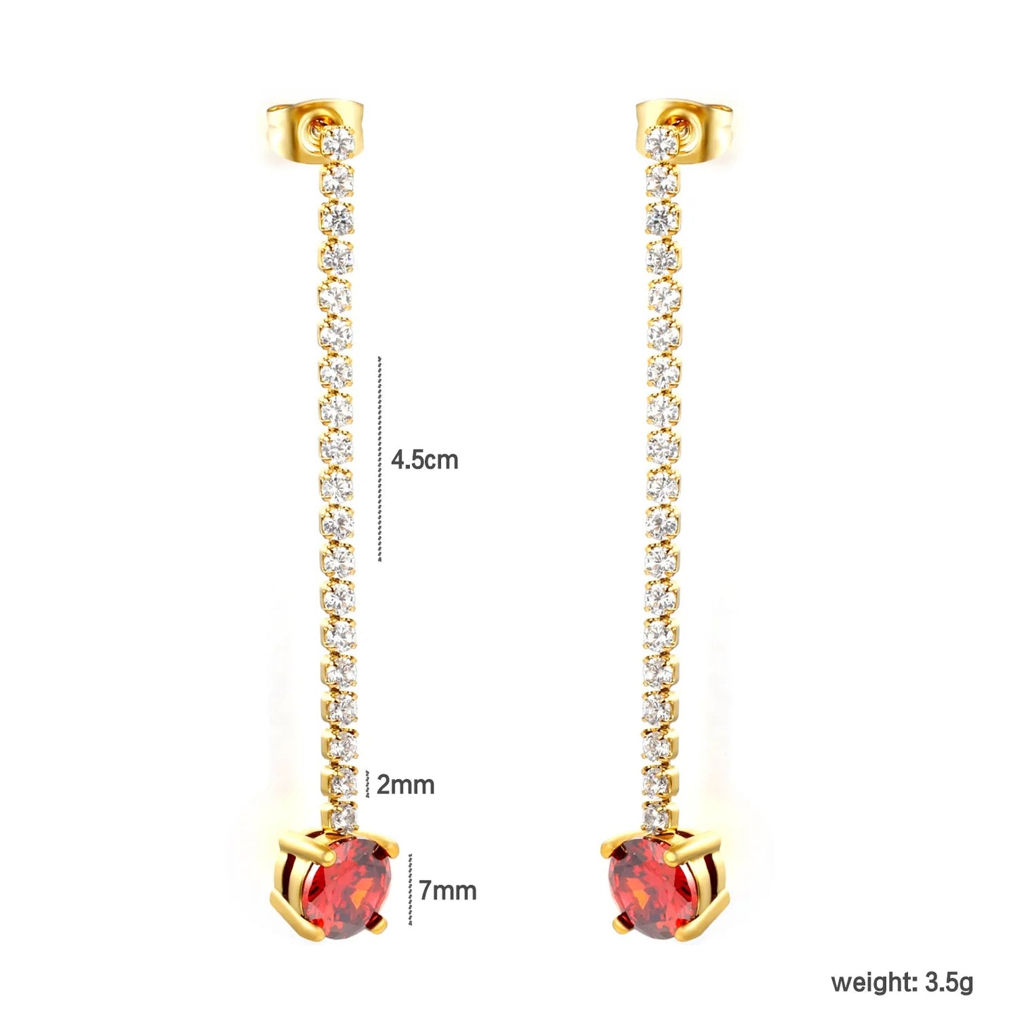 Elegant Statement Sparkling White Tennis Chain Deep Red Drop Earrings