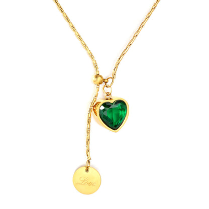 Wholesale Waterproof PVD Gold Green Heart Zircon Adjustable Necklace