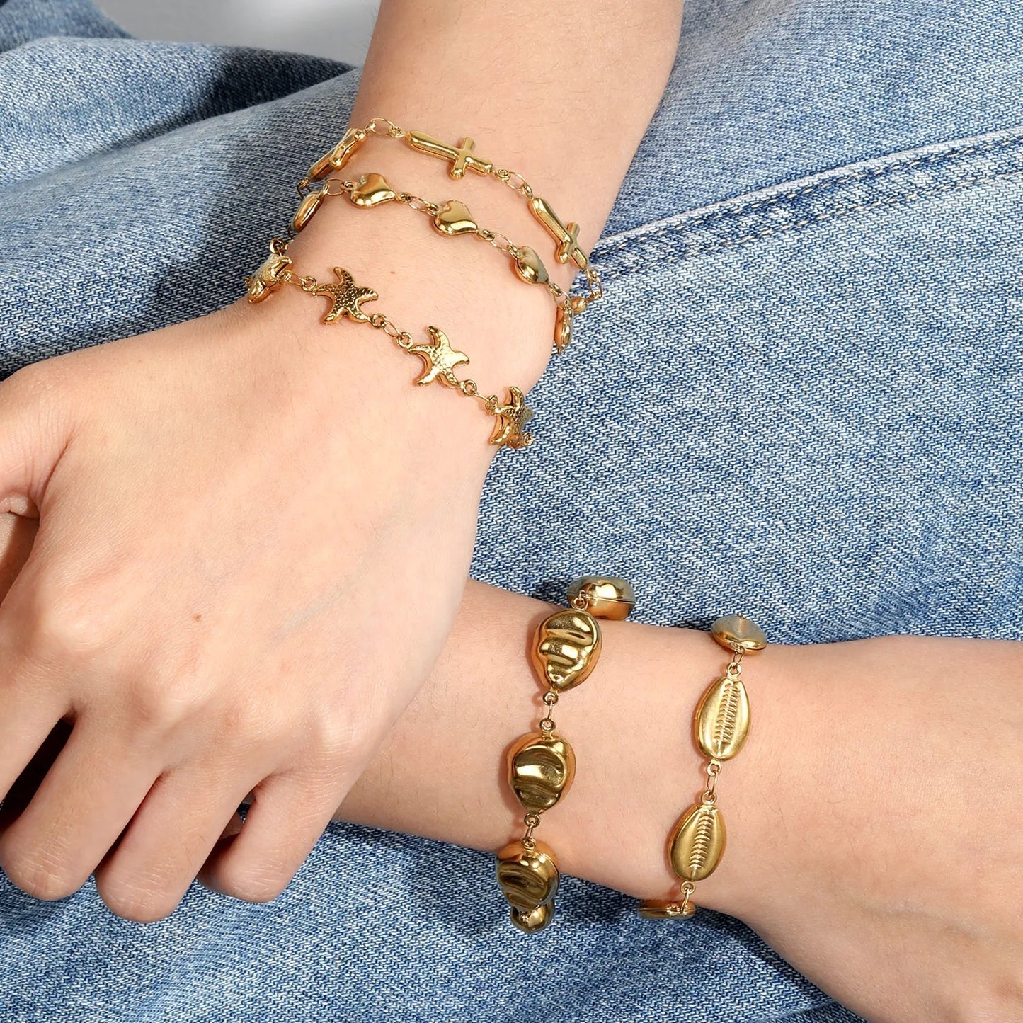 Bohemian Wanderlust: Heavy-Duty 3D Embossed Golden Shell Bracelet