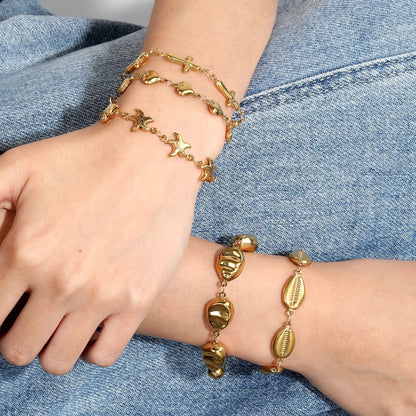 Bohemian Wanderlust: Heavy-Duty 3D Embossed Golden Shell Bracelet