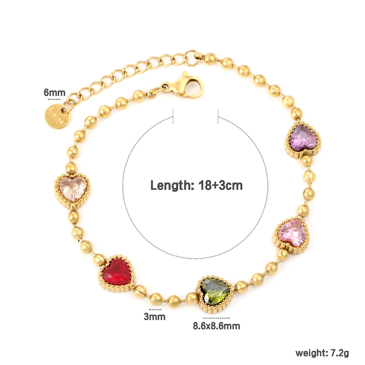 Bulk PVD Gold Colorful Heart Zircon Bead Bracelet Waterproof