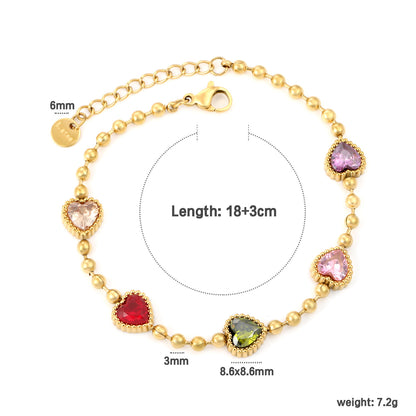 Bulk PVD Gold Colorful Heart Zircon Bead Bracelet Waterproof