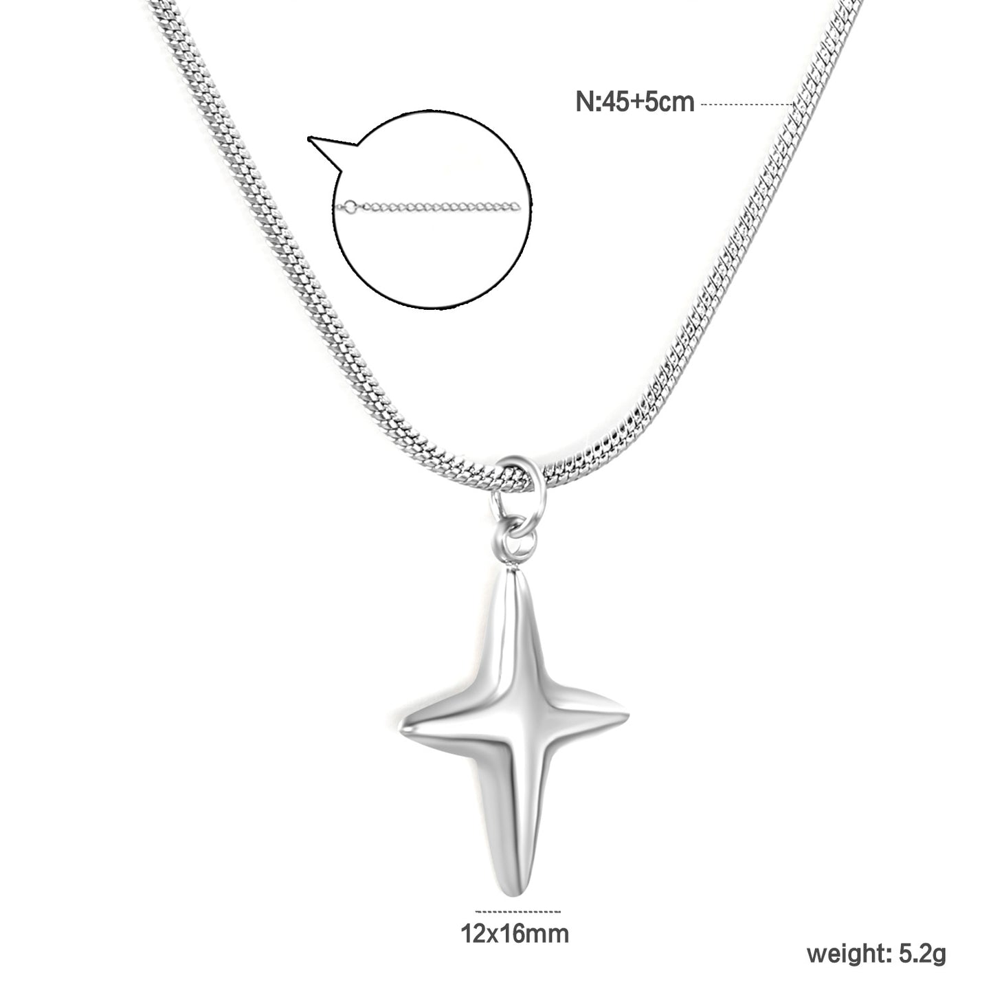 Wholesale Waterproof PVD Silver Sculpted 4-Point Star Snake Chain Necklace