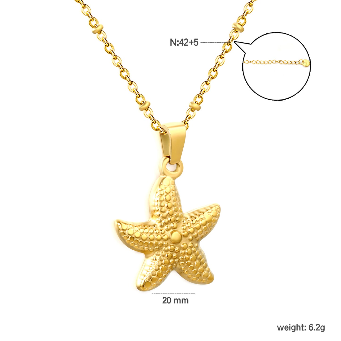 Bulk PVD Gold Sculpted Starfish Texture Bead Chain Necklace