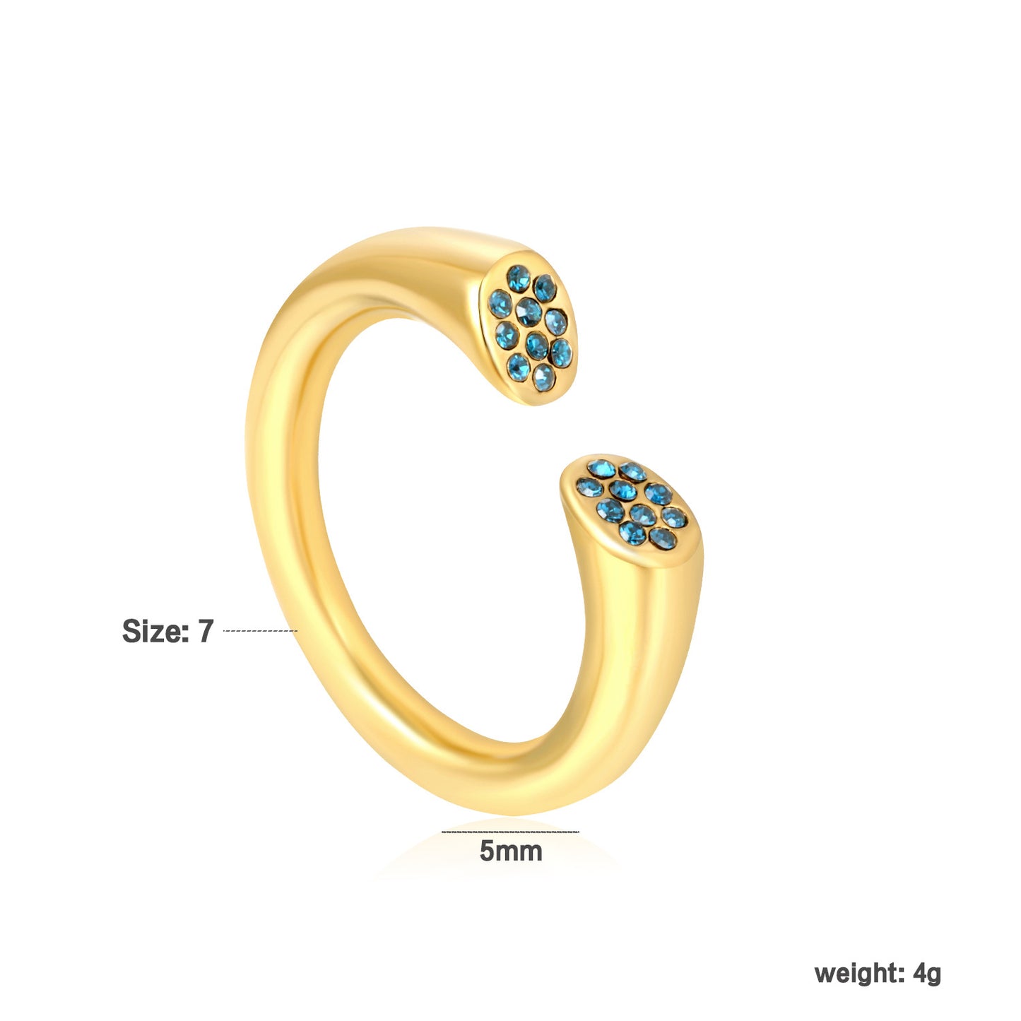 Wholesale Waterproof PVD Gold Blue CZ Cluster Open Ring