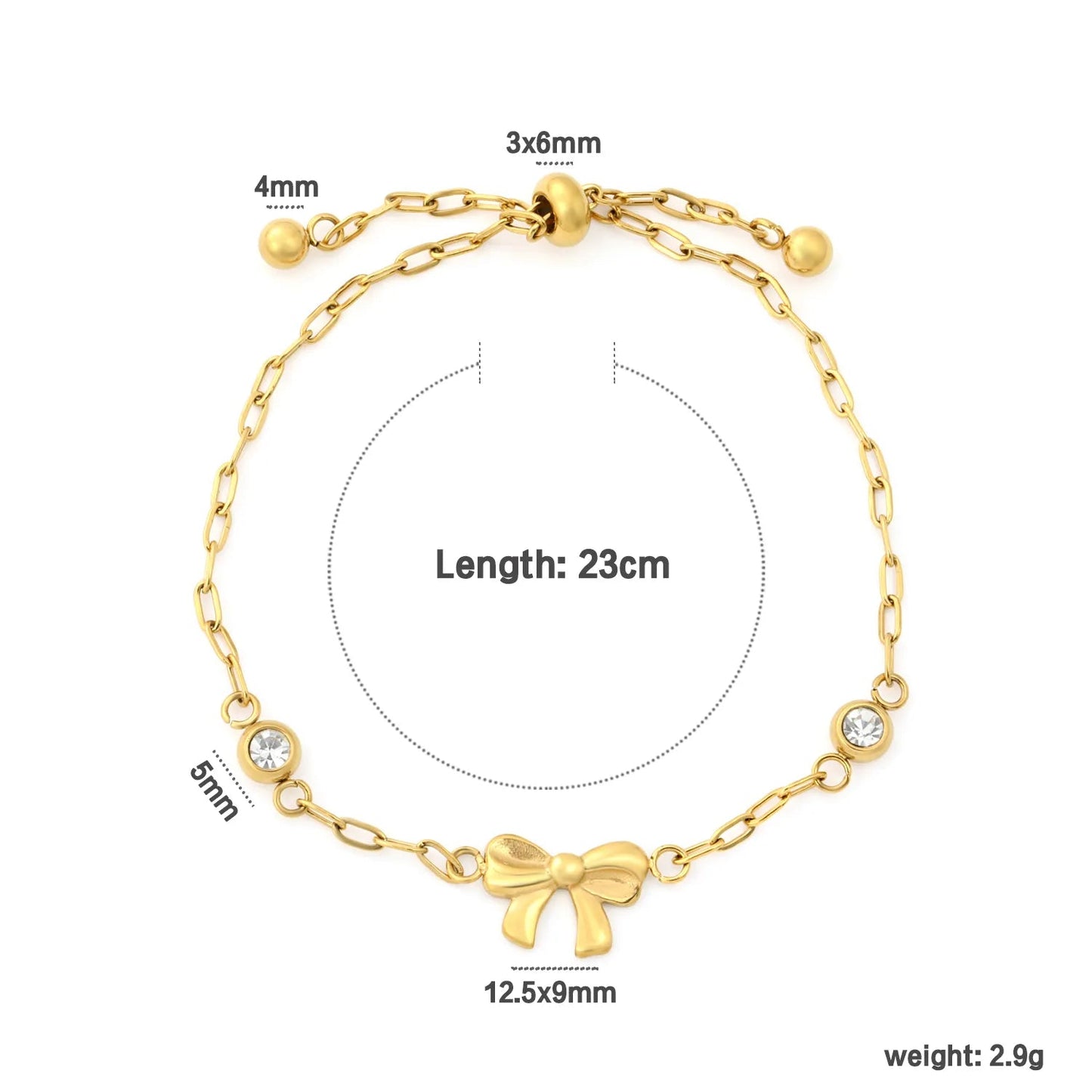 Slider Adjustable Bow Motif Bezel Set CZ Bracelet 304L Stainless Steel