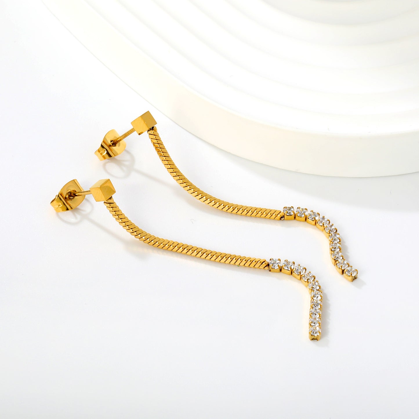 Linear Flat Snake Chain CZ Bar Drop Dangle Earrings Waterproof Gold Stainless Steel