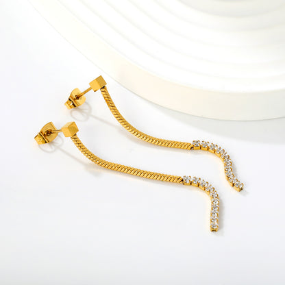 Linear Flat Snake Chain CZ Bar Drop Dangle Earrings Waterproof Gold Stainless Steel