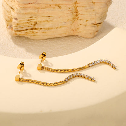 Linear Flat Snake Chain CZ Bar Drop Dangle Earrings Waterproof Gold Stainless Steel