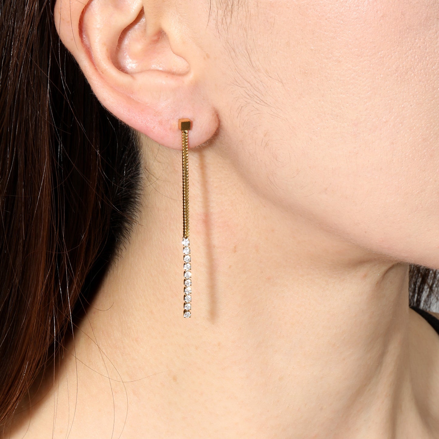 Linear Flat Snake Chain CZ Bar Drop Dangle Earrings Waterproof Gold Stainless Steel