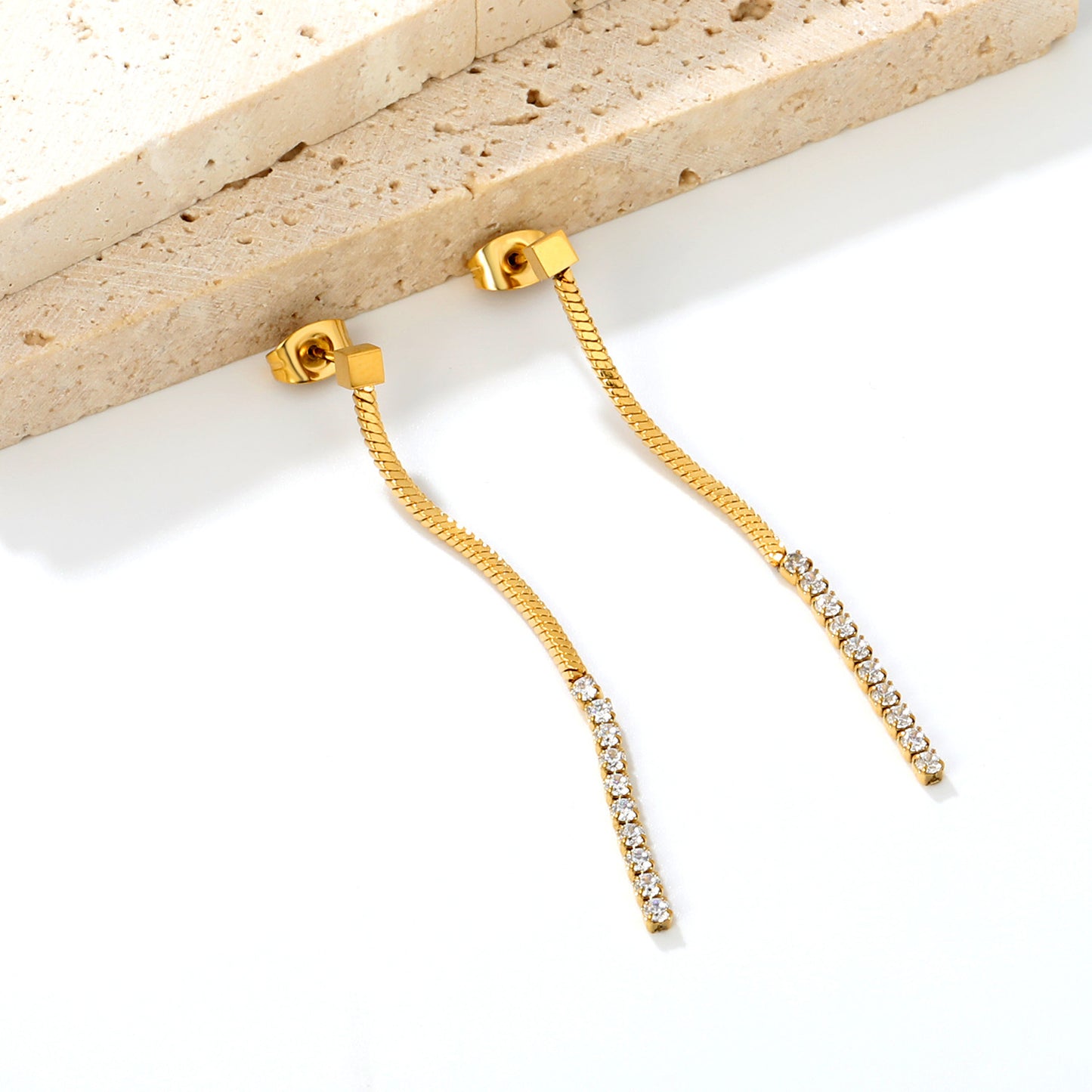 Linear Flat Snake Chain CZ Bar Drop Dangle Earrings Waterproof Gold Stainless Steel