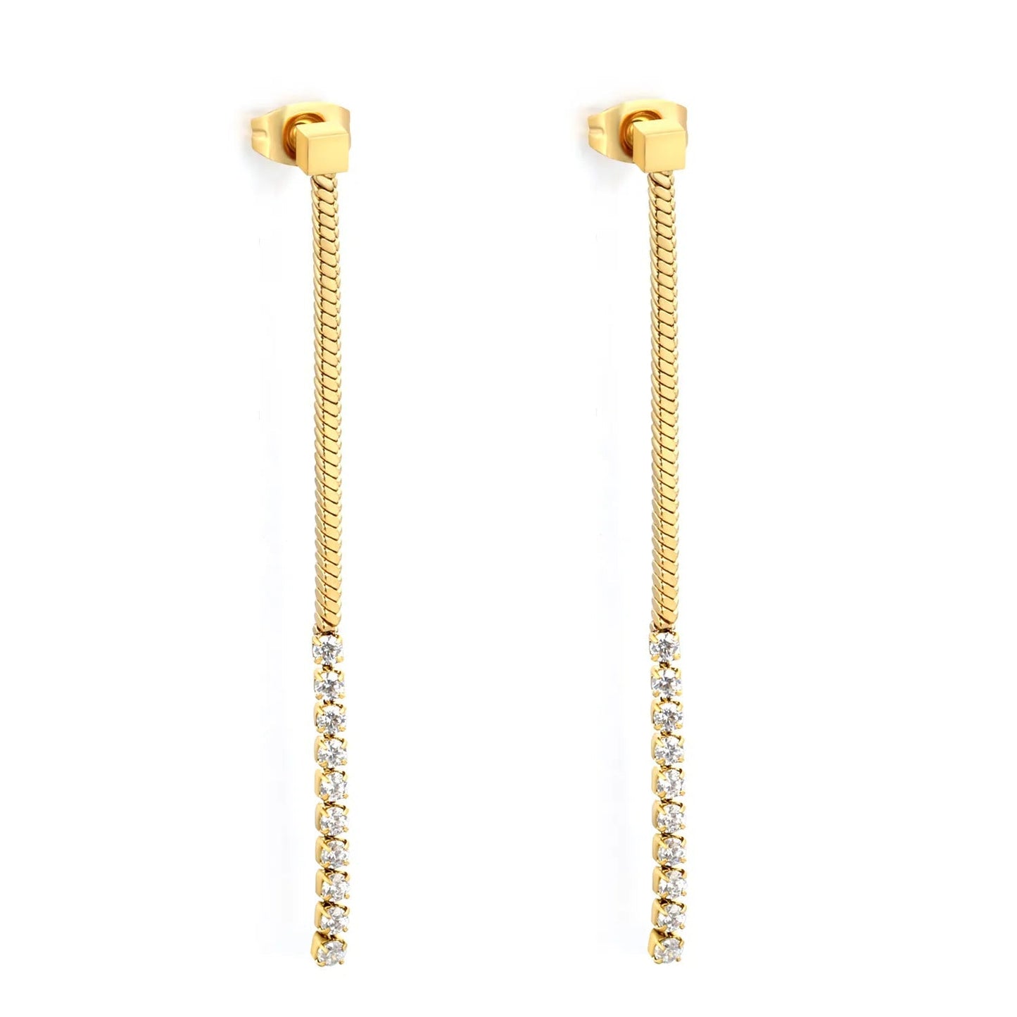 Linear Flat Snake Chain CZ Bar Drop Dangle Earrings Waterproof Gold Stainless Steel