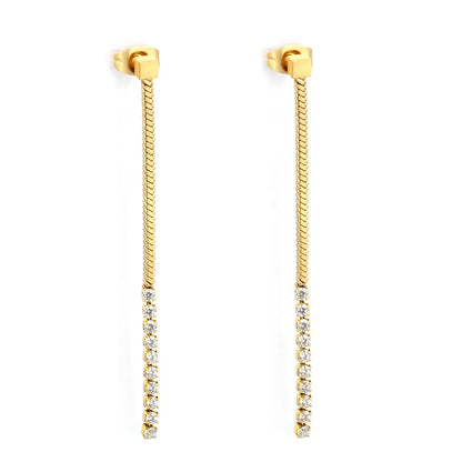 Linear Flat Snake Chain CZ Bar Drop Dangle Earrings Waterproof Gold Stainless Steel