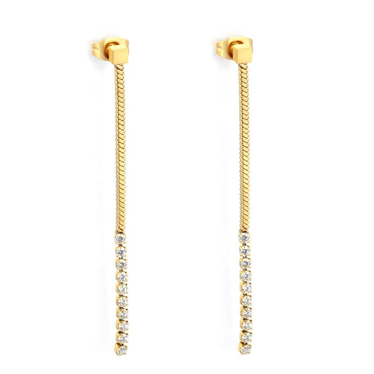 Linear Flat Snake Chain CZ Bar Drop Dangle Earrings Waterproof Gold Stainless Steel