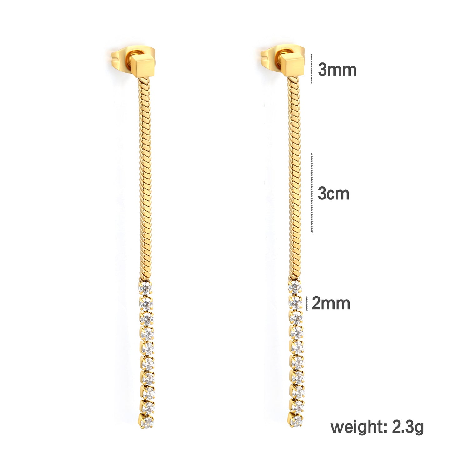 Linear Flat Snake Chain CZ Bar Drop Dangle Earrings Waterproof Gold Stainless Steel